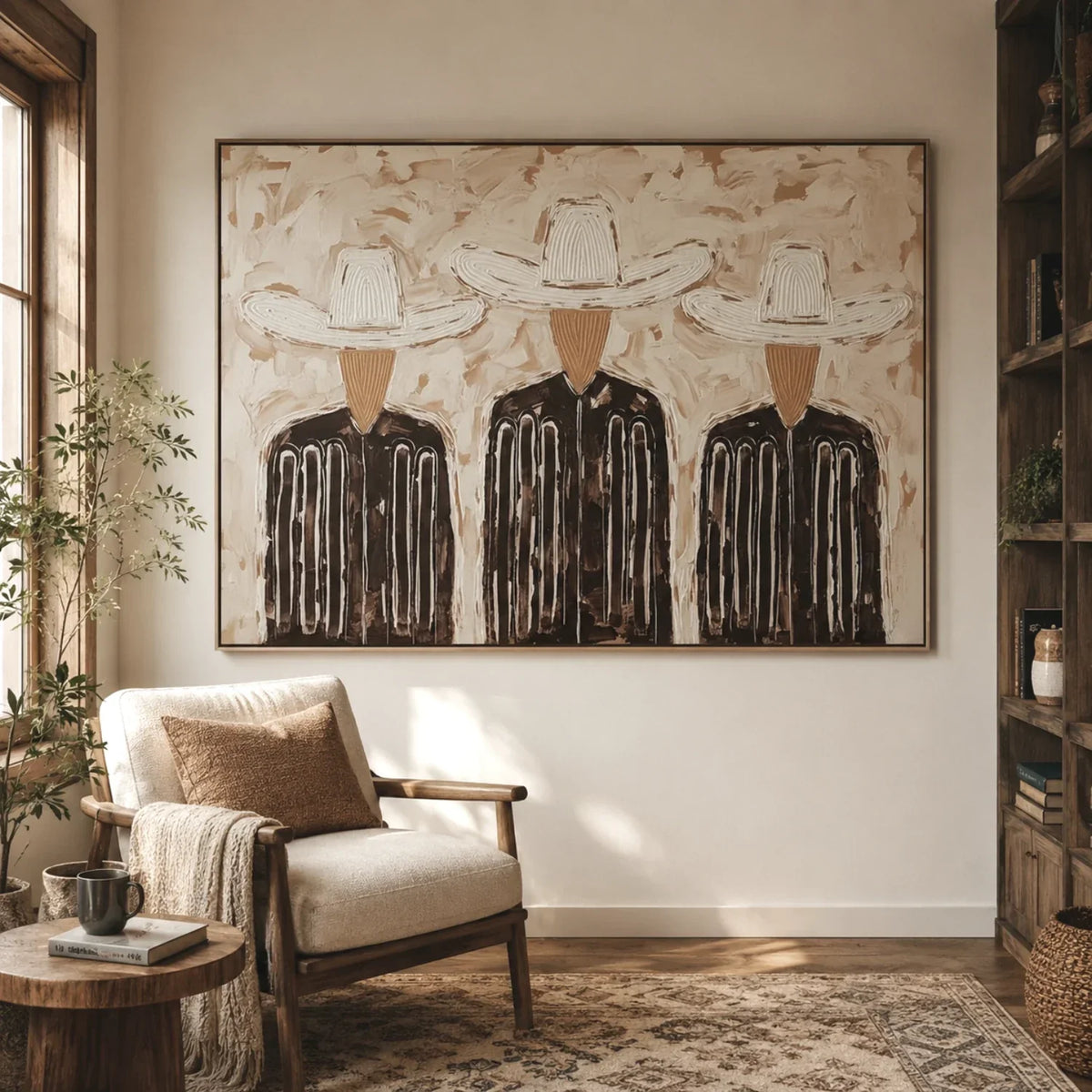 "Trinity in Linen" - Modern Heavy Impasto Abstract Artwork | Black & Golden Palette Knife Painting | Luxury Horizontal Wall Art #PT 2655