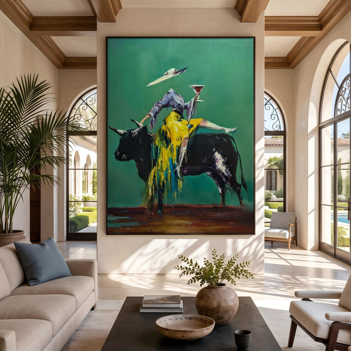 "Velvet Toast of the Emerald Bull" - Modern Heavy Impasto Western Animal Artwork | Green Palette Knife Painting | Luxury Vertical Wall Art #PT 2661