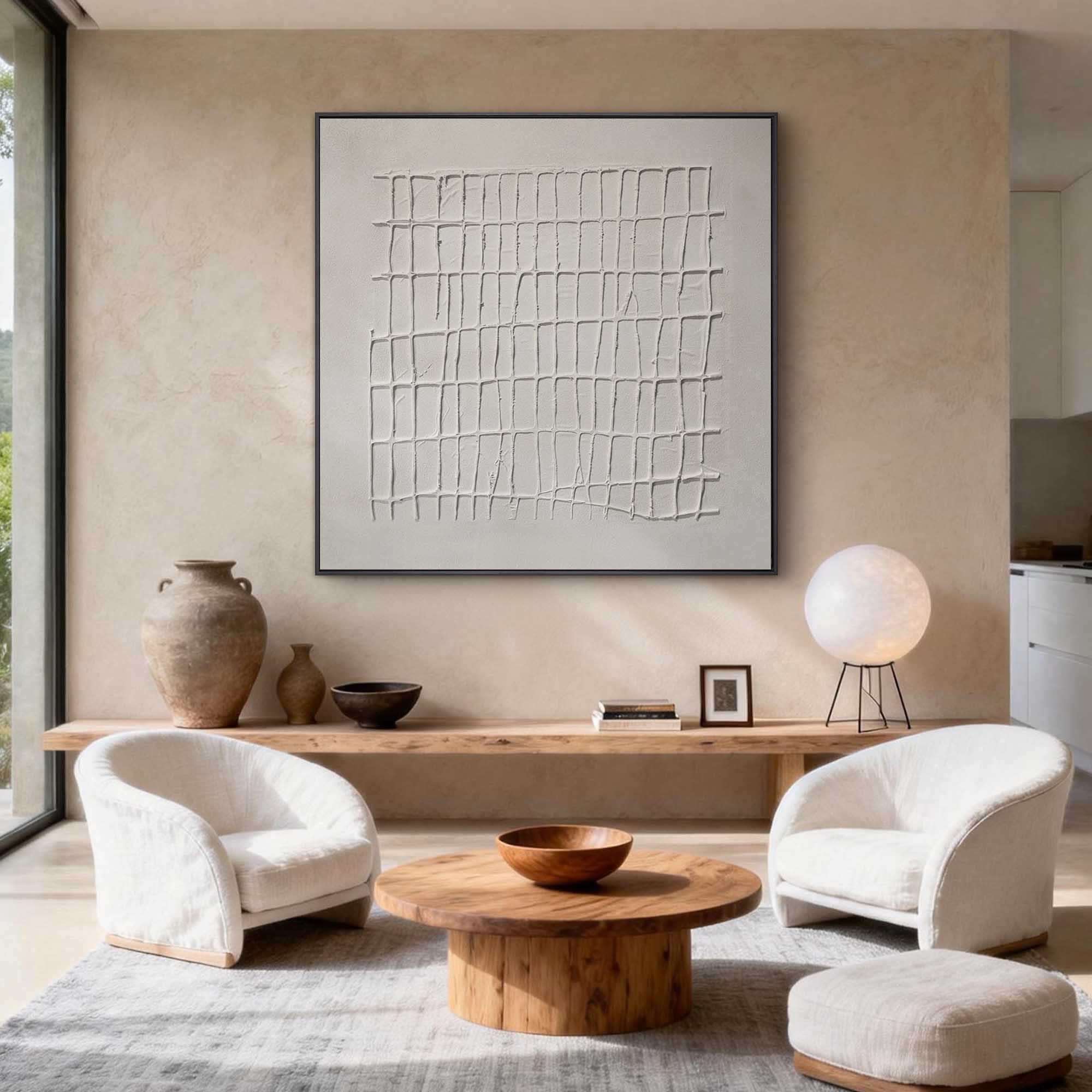 "The Lattice of Mind" – Modern Geometric Hand-Textured Relief | 3D Linear Minimalist Painting for High-End Interiors #MI187