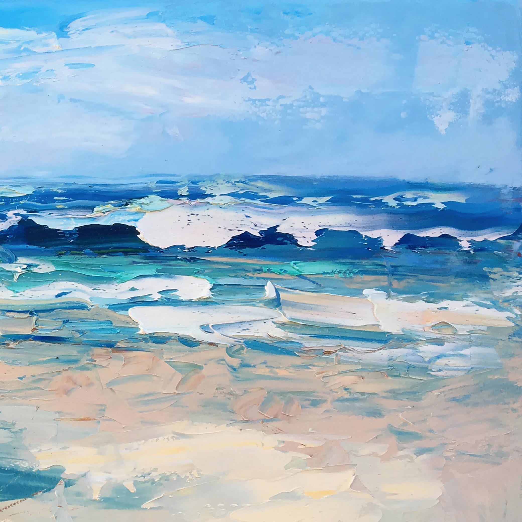 "Textured Dune Shore Ocean Waves" – Modern Heavy Impasto Impressionist Seascape | 3D Turquoise Aqua & Cream Sand Palette Knife Painting | Luxury Horizontal Wall Art #PT 578