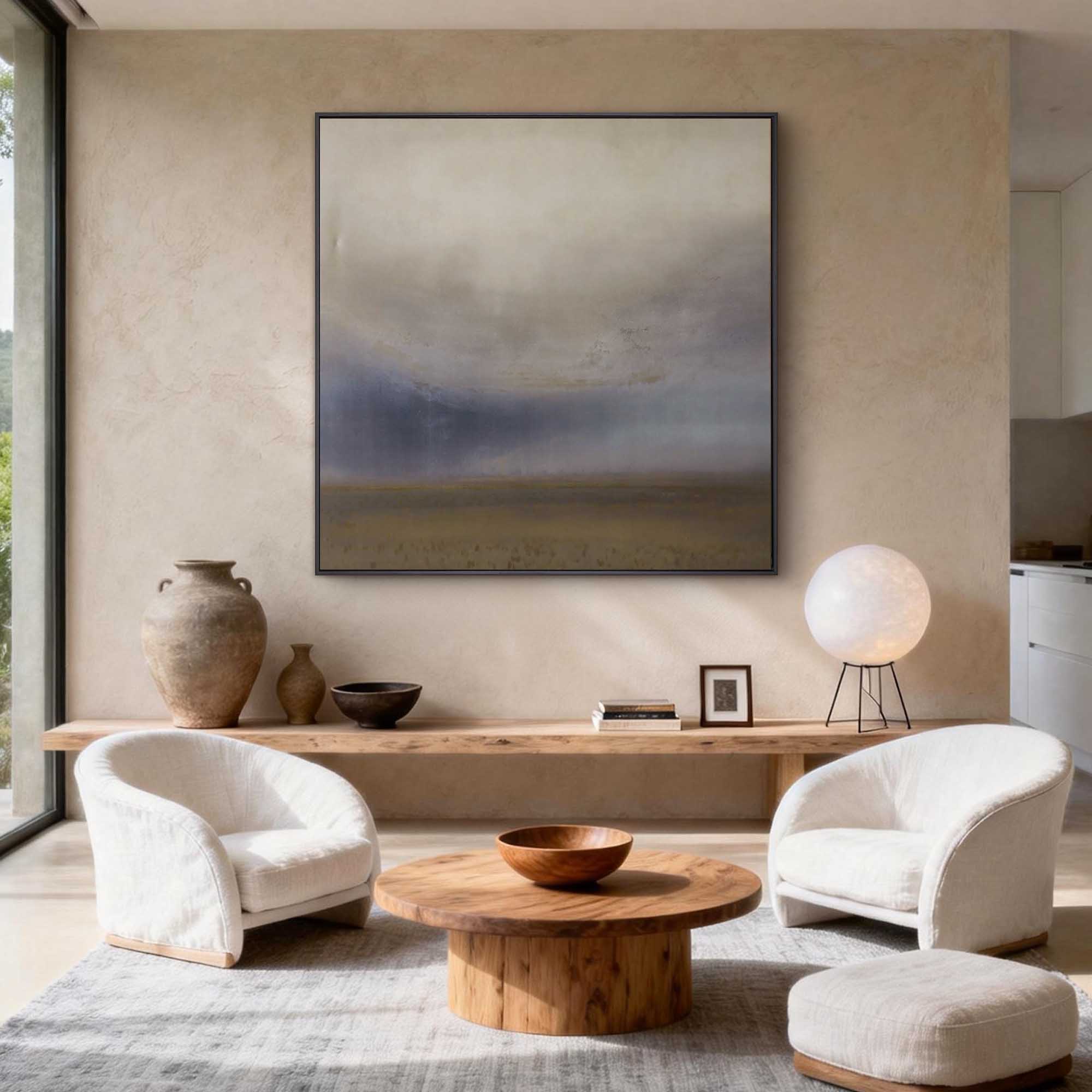 "The Silent Storm" – Modern Atmospheric Abstract Oil | Deep Indigo & Earth Tone Square Statement Wall Art #WS 236