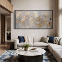 "Silver Ginkgo Drift" - Modern Wabi-Sabi Floral Art | Silver Gold & White Textured Panoramic Canvas Painting | Luxury Horizontal Wall Art #WS 188