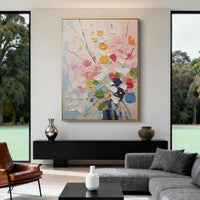 "Azure Petal Reverie" is a 100% hand-painted floral artwork created with professional oil and acrylic paints on high-quality canvas. Its blue & pink palette and visible textured strokes give every piece authentic handmade variation and tactile depth.