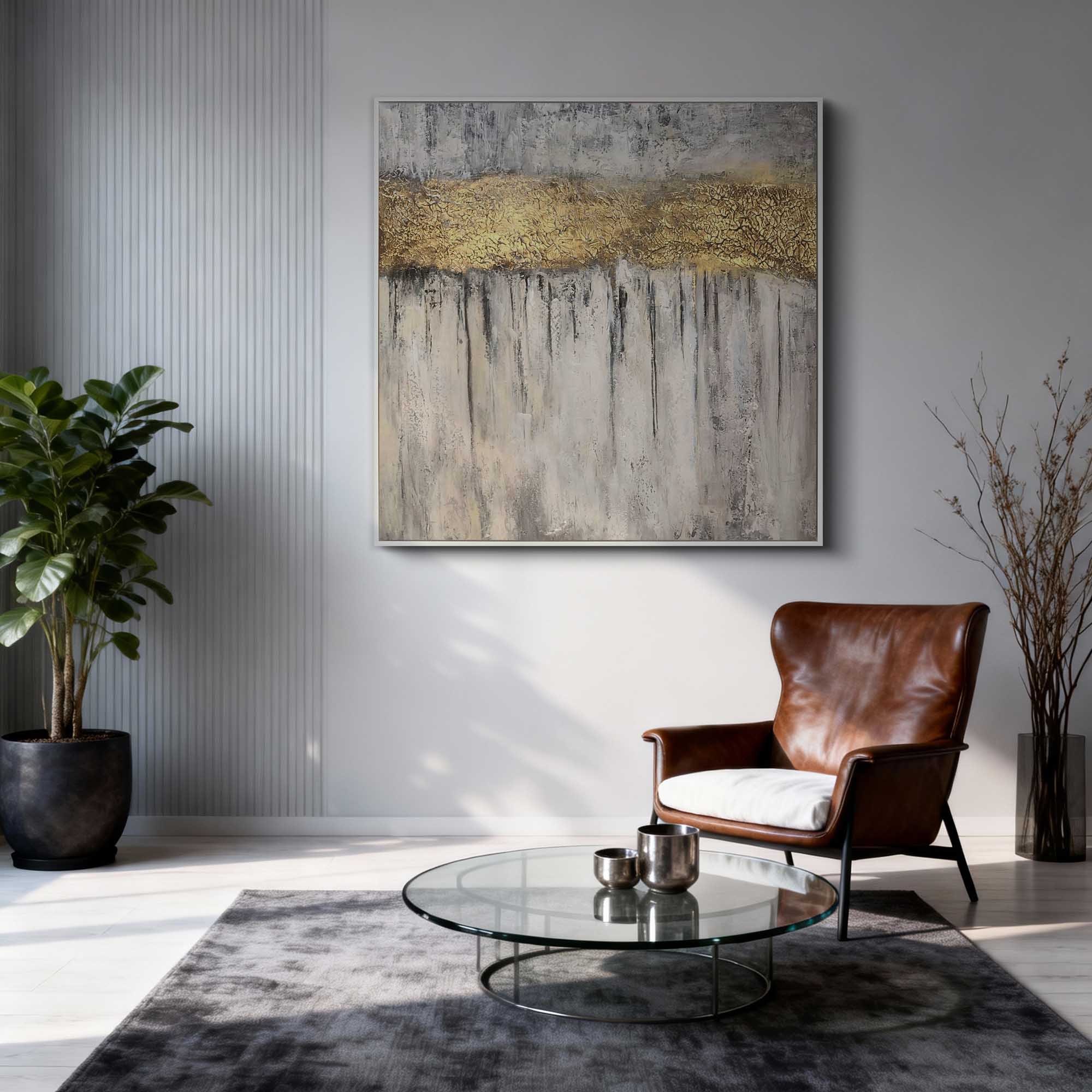 "Golden Crevice" – Luxury 3D Sculptural Gold Leaf Relief | Modern Wabi-Sabi Grey Texture Mansion Statement Art#WS 219