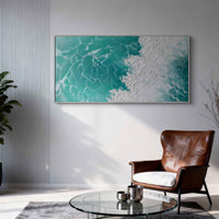 "Beach & Ocean Art" is a 100% hand-painted seascape created with professional oil and acrylic paints on high-quality canvas. Its green & white palette and visible textured strokes give every piece authentic handmade variation and tactile depth.