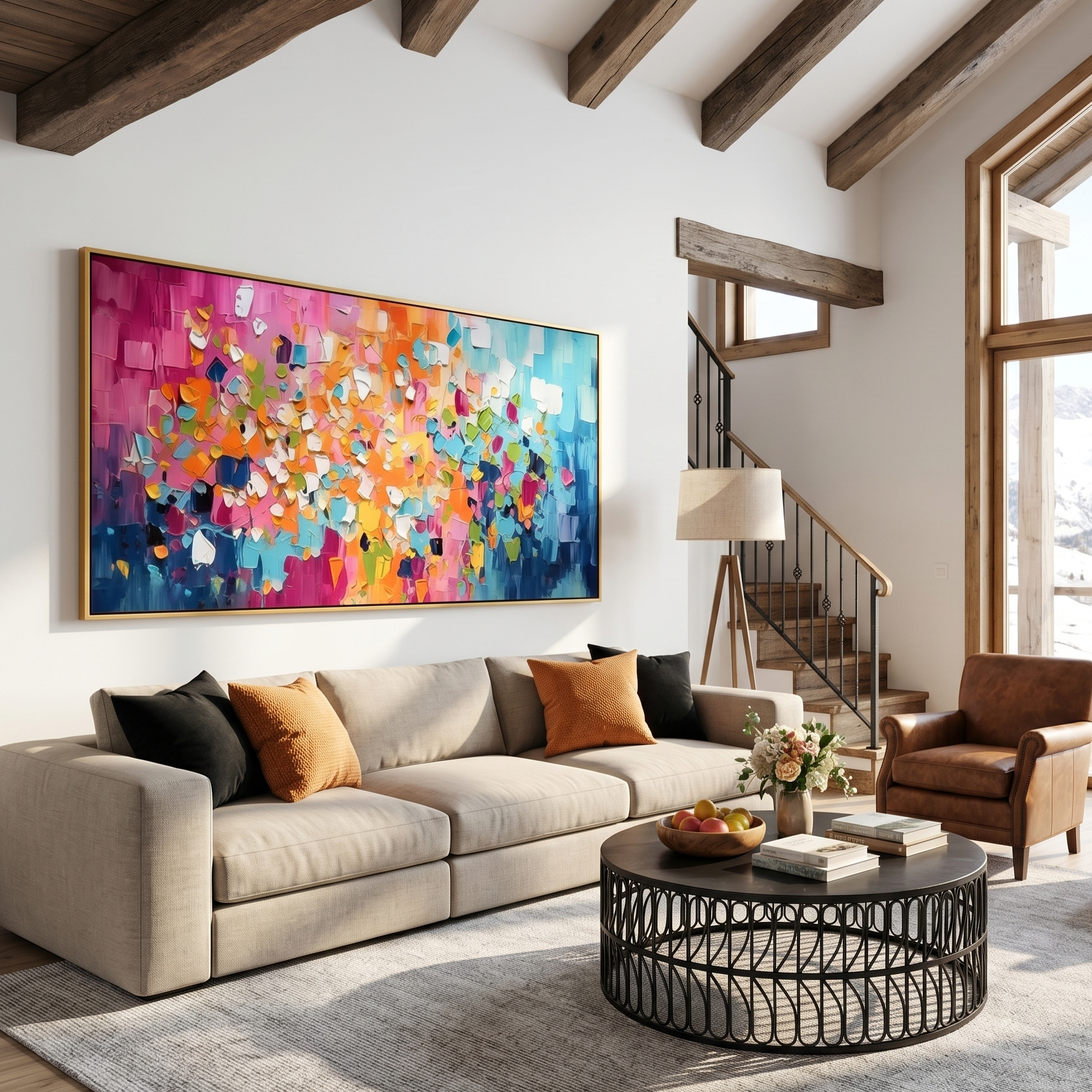 "Rainbow Rhythm" – Mosaic Block Impasto Abstract Oil Painting | Panoramic Vibrant Dopamine Wall Art#PT 494