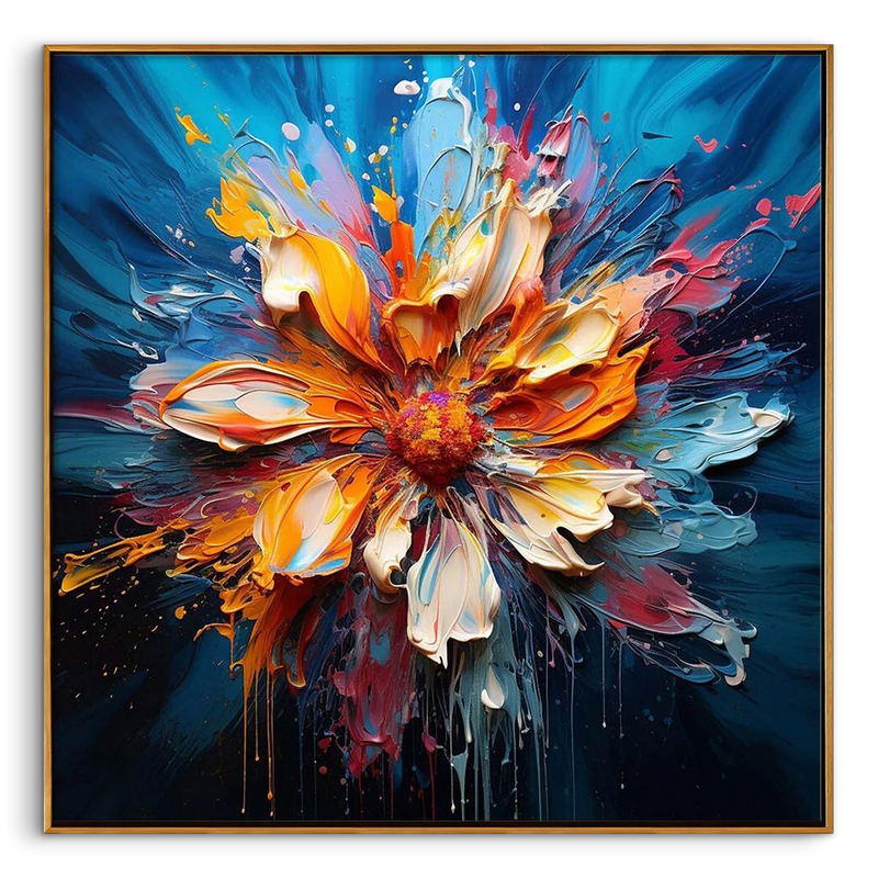 "Ignited Bloom" – Radiant Heavy Impasto Abstract Floral Oil Painting | Bold Dynamic 3D Texture Wall Art #FL302