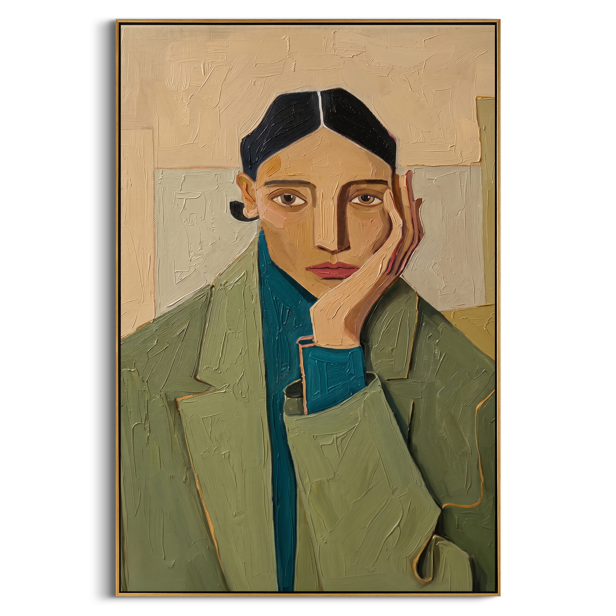 "SILENT MUSE" – 3D Sculptural Heavy Impasto Modern Portrait | Nordic Sage Style Healing Figurative Wall Art #PE497
