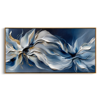 "Ethereal Blue Florals" – Expressive Impasto Abstract Artwork | Tactile Blue & Gold Flower Wave | Luxury Statement Horizontal Wall Art #PT 553