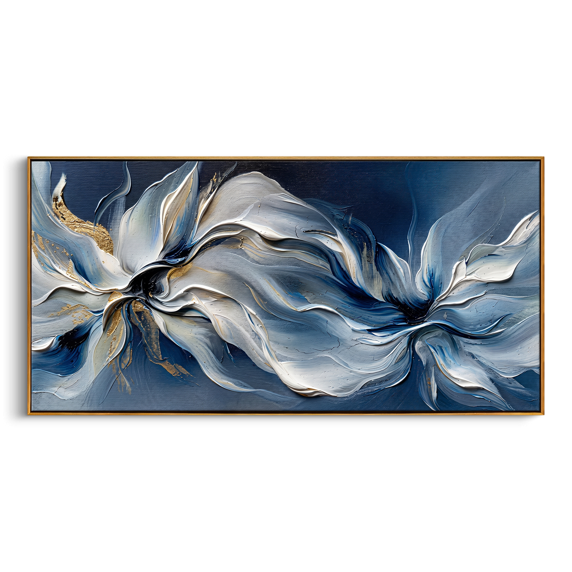 "Ethereal Blue Florals" – Expressive Impasto Abstract Artwork | Tactile Blue & Gold Flower Wave | Luxury Statement Horizontal Wall Art #PT 553