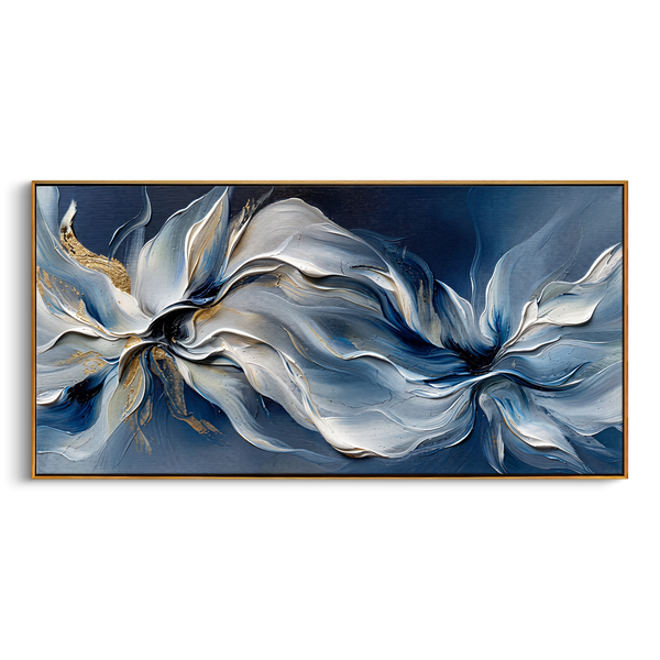 "Ethereal Blue Florals" – Expressive Impasto Abstract Artwork | Tactile Blue & Gold Flower Wave | Luxury Statement Horizontal Wall Art #PT 553