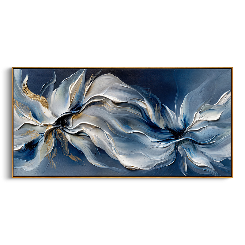 "Ethereal Blue Florals" – Expressive Impasto Abstract Artwork | Tactile Blue & Gold Flower Wave | Luxury Statement Horizontal Wall Art #PT 553