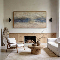 "Blue Mist Shore" - Modern Wabi-Sabi Coastal Painting | Blue Beige Textured Panoramic Canvas Art | Luxury Horizontal Wall Art #WS 190