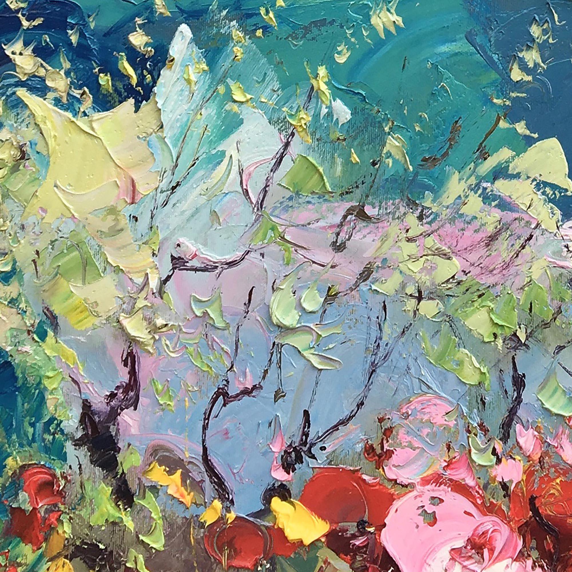 "Mediterranean Floral Vista" – Modern Heavy Impasto Impressionist Landscape | 3D Vivid Azure & Crimson Palette Knife Painting | Luxury Square Wall Art #PT 567