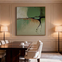 "Midnight Shifting Horizon" is a 100% hand-painted abstract artwork created with professional oil and acrylic paints on high-quality canvas. Its black & green palette and visible textured strokes give every piece authentic handmade variation and tactile depth.