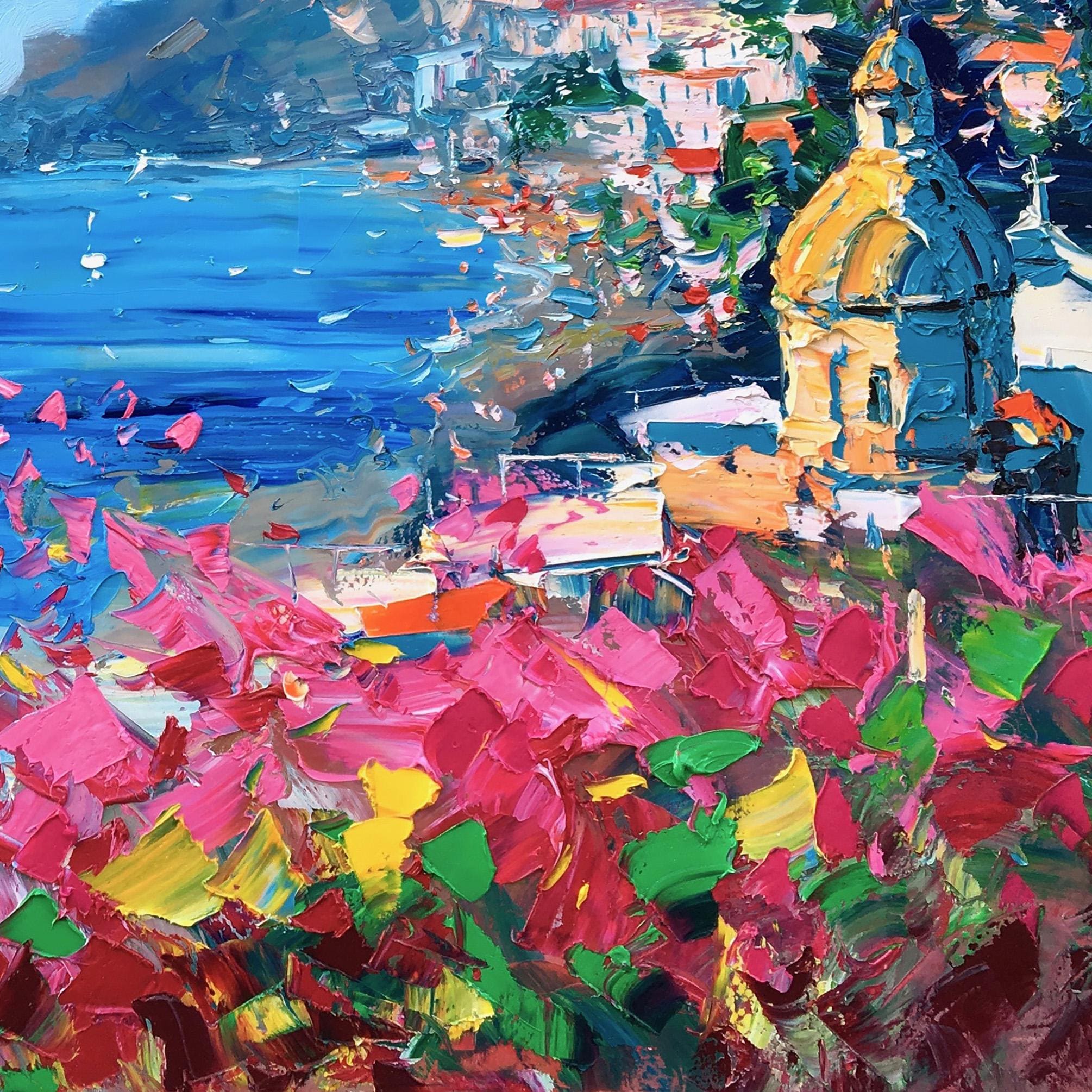 "Coastal Bloom Vista" - Colorful Mediterranean Seascape | Heavy Impasto Blue Ocean & Floral Palette Knife Painting | Luxury Horizontal Wall Art #PT 590