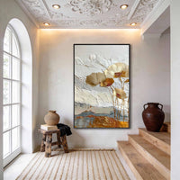 "Gilded Harmony" - Modern Wabi-Sabi Textured Floral Art | White Beige & Gold Impasto Canvas Painting | Luxury Vertical Wall Art #WS 047