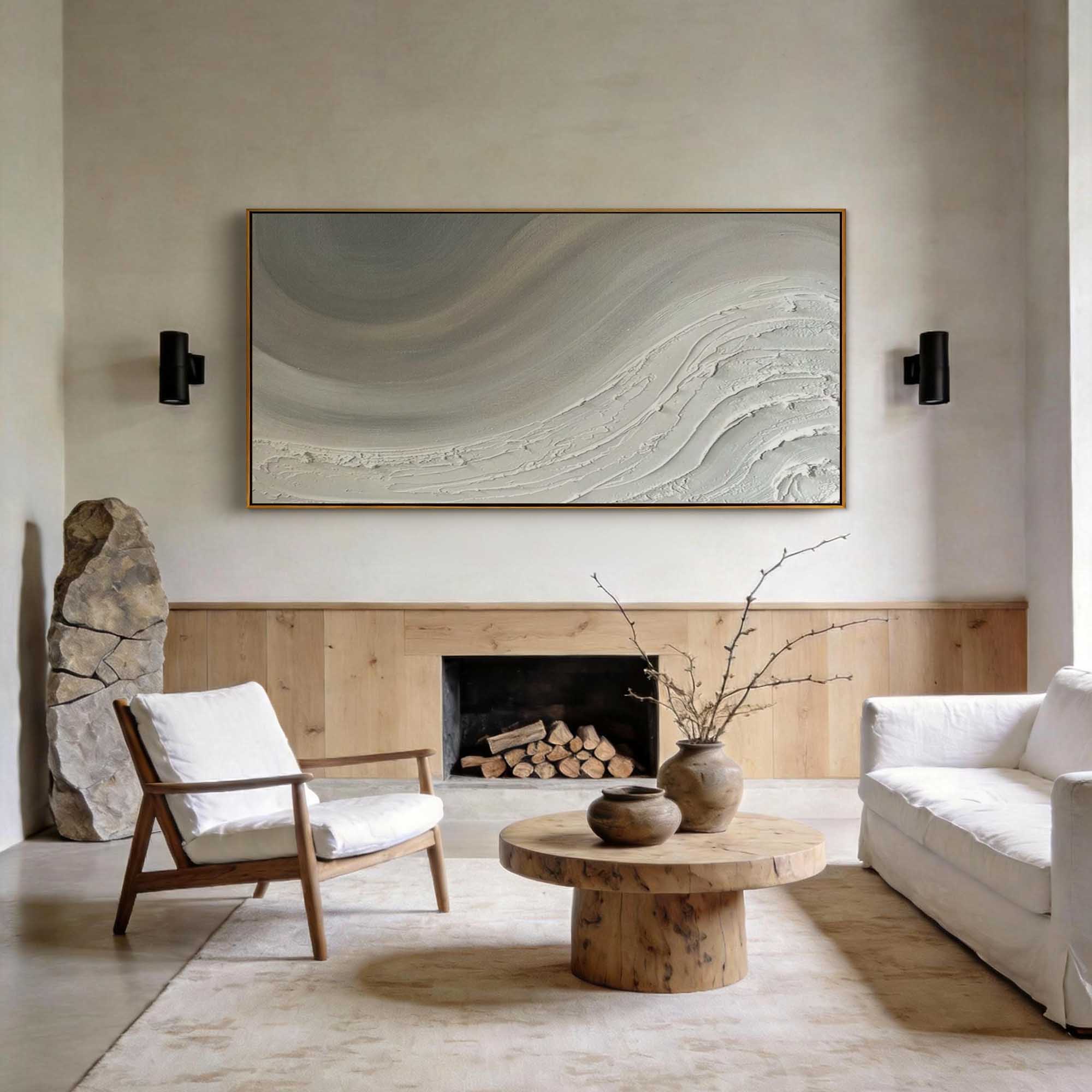 "Ethereal Tides" – 3D Sculptural Heavy Impasto Relief | Minimalist Creamy Gray Wabi-Sabi Horizontal Art#WS 239