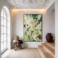 "Verdant Blossom Drift" is a 100% hand-painted floral artwork created with professional oil and acrylic paints on high-quality canvas. Its green & yellow palette and visible textured strokes give every piece authentic handmade variation and tactile depth.