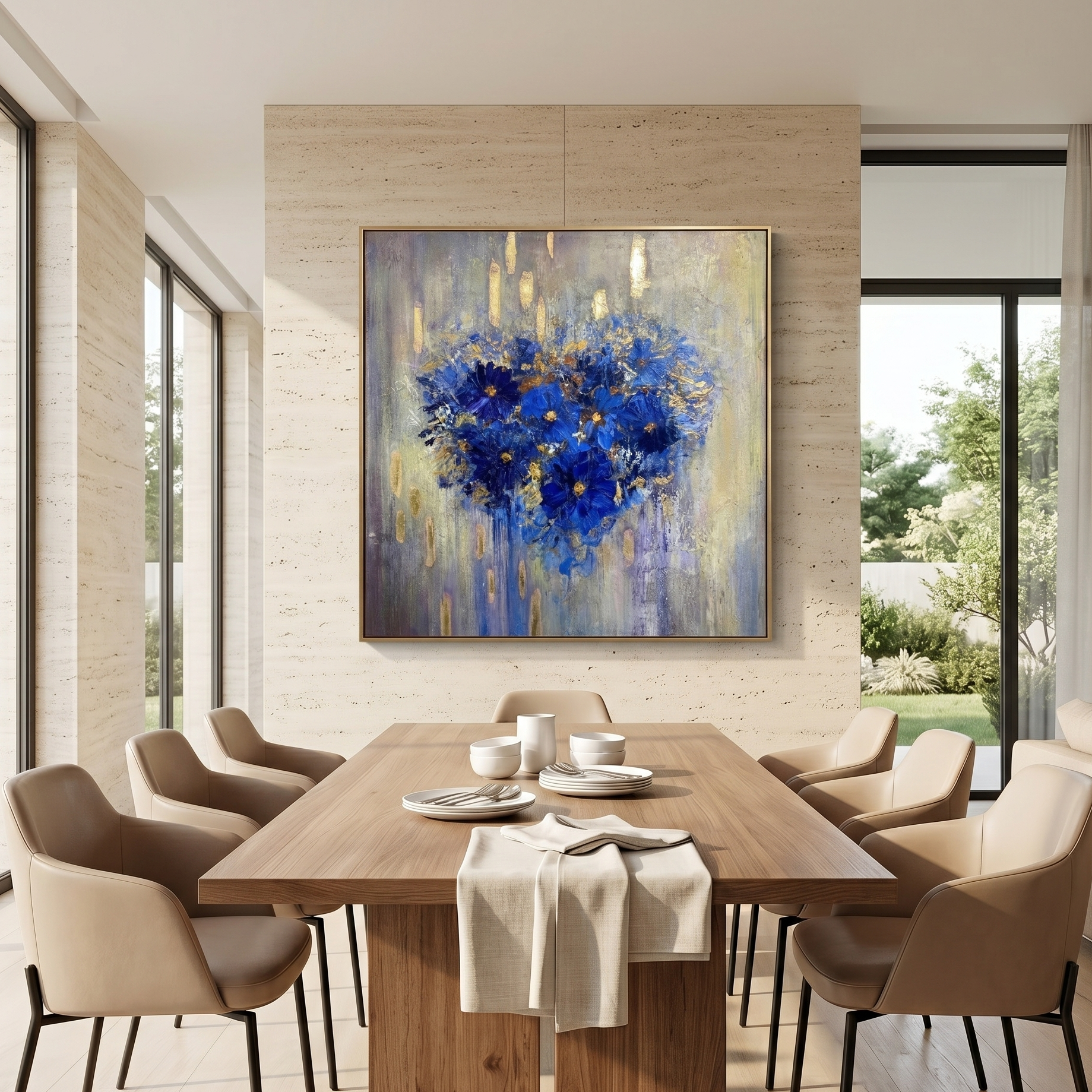 "Azure Soul" – Klein Blue Heart Floral Gold Foil Oil Painting | Modern Romantic Abstract Bedroom Wall Art#WS 224