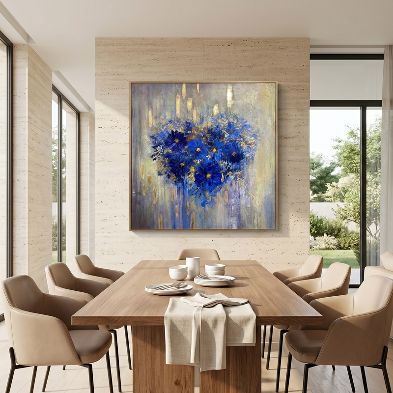 "Azure Soul" – Klein Blue Heart Floral Gold Foil Oil Painting | Modern Romantic Abstract Bedroom Wall Art#WS 224
