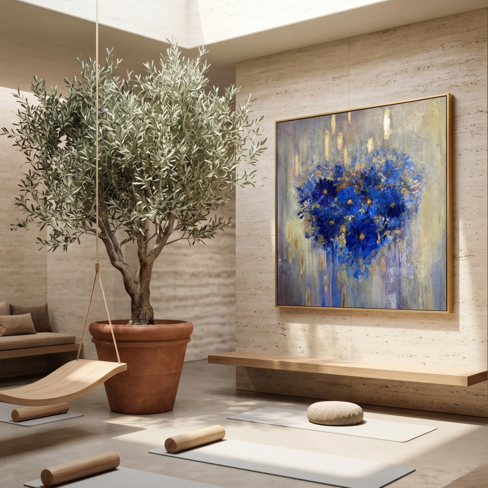 "Azure Soul" – Klein Blue Heart Floral Gold Foil Oil Painting | Modern Romantic Abstract Bedroom Wall Art#WS 224