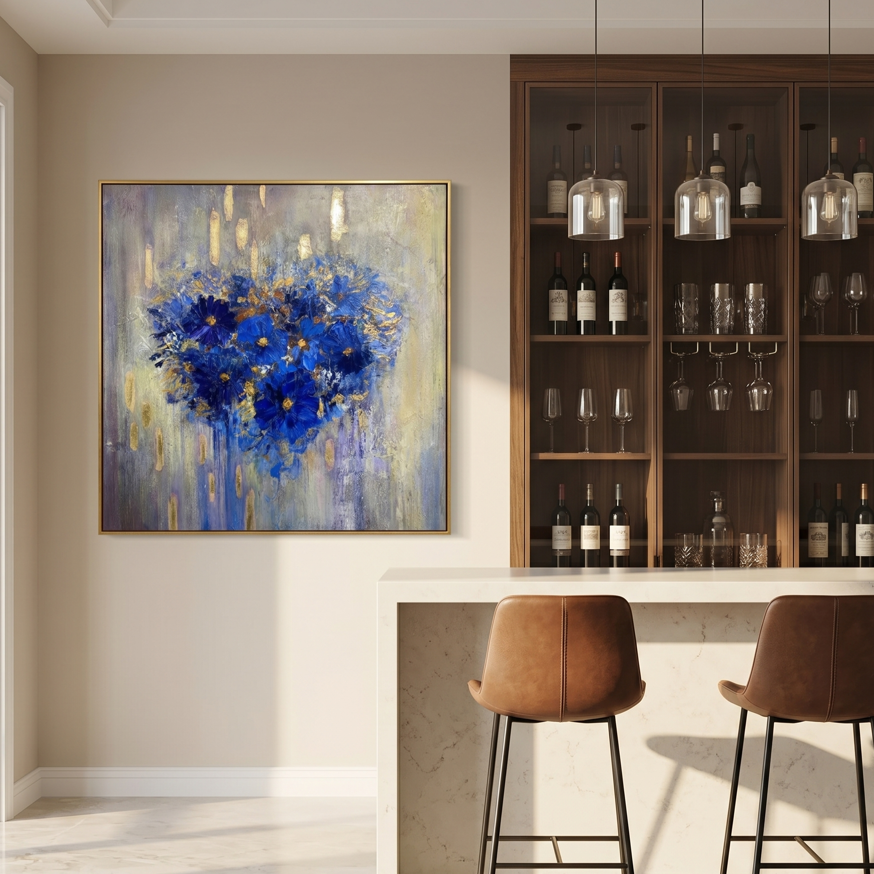 "Azure Soul" – Klein Blue Heart Floral Gold Foil Oil Painting | Modern Romantic Abstract Bedroom Wall Art#WS 224