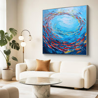 "Azure Distant Hills" is a 100% hand-painted landscape painting created with professional oil and acrylic paints on high-quality canvas. Its blue & red palette and visible textured strokes give every piece authentic handmade variation and tactile depth.