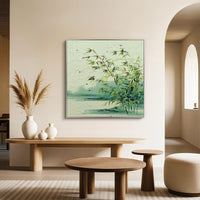 "Bamboo Mist Garden" is a 100% hand-painted landscape painting created with professional oil and acrylic paints on high-quality canvas. Its green palette and visible textured strokes give every piece authentic handmade variation and tactile depth.