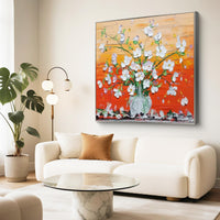 "Verdant Garden Veil" is a 100% hand-painted floral artwork created with professional oil and acrylic paints on high-quality canvas. Its green & orange palette and visible textured strokes give every piece authentic handmade variation and tactile depth.