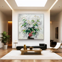 "Verdant Blooming Light" is a 100% hand-painted floral artwork created with professional oil and acrylic paints on high-quality canvas. Its green & white palette and visible textured strokes give every piece authentic handmade variation and tactile depth.