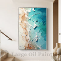 "Azure Coastal Light" is a 100% hand-painted seascape created with professional oil and acrylic paints on high-quality canvas. Its blue & white palette and visible textured strokes give every piece authentic handmade variation and tactile depth.