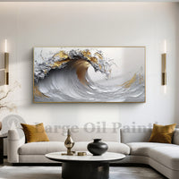 "Golden Cresting Tide" is a 100% hand-painted seascape created with professional oil and acrylic paints on high-quality canvas. Its grey & white palette and visible textured strokes give every piece authentic handmade variation and tactile depth.