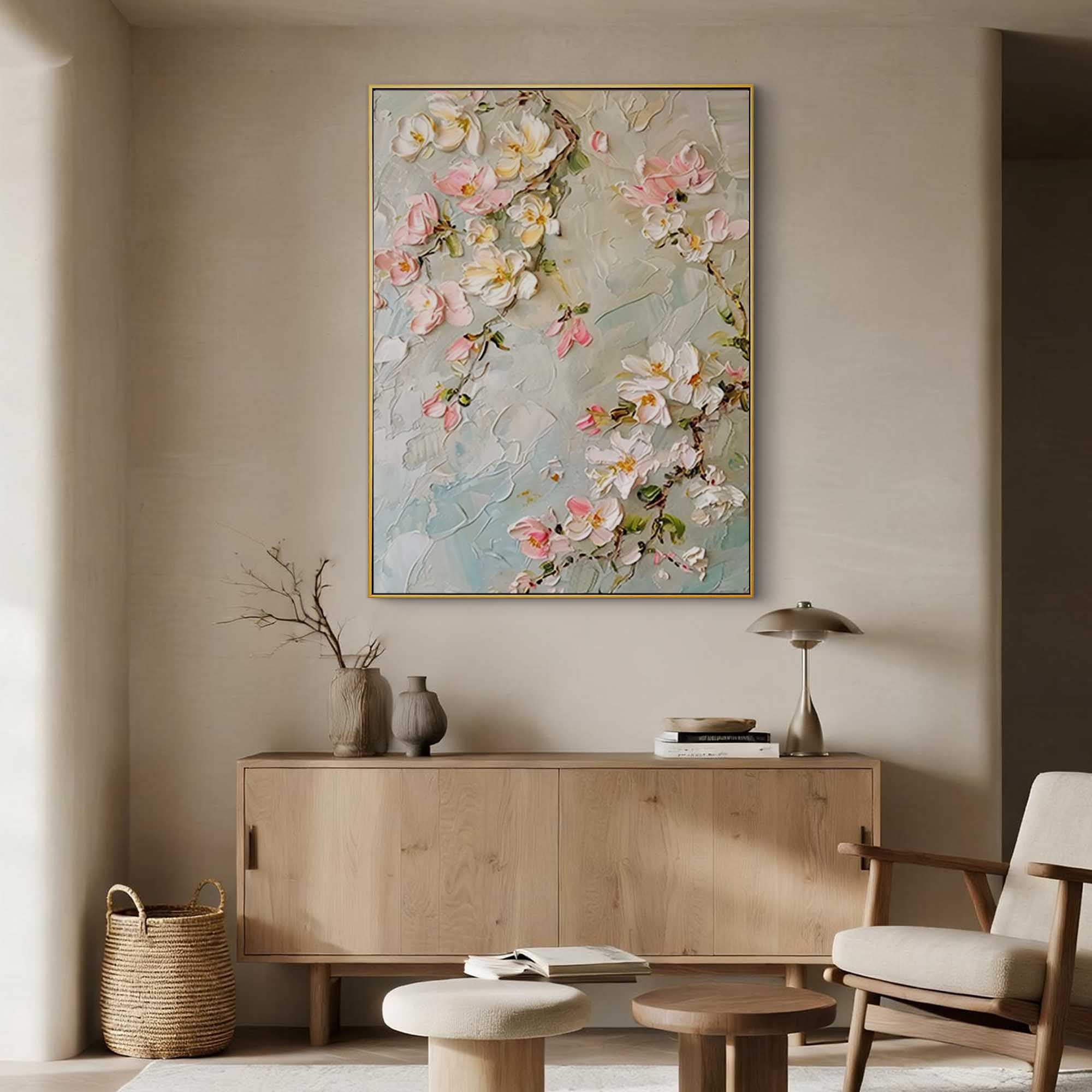 "Spring Whispers" – 3D Sculptural Heavy Impasto Cherry Blossom | Modern Creamy Style Healing Floral Wall Art#FL319