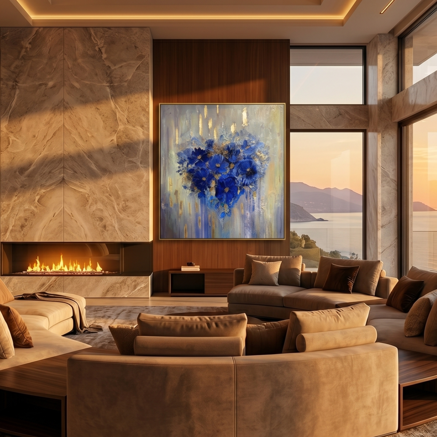 "Azure Soul" – Klein Blue Heart Floral Gold Foil Oil Painting | Modern Romantic Abstract Bedroom Wall Art#WS 224