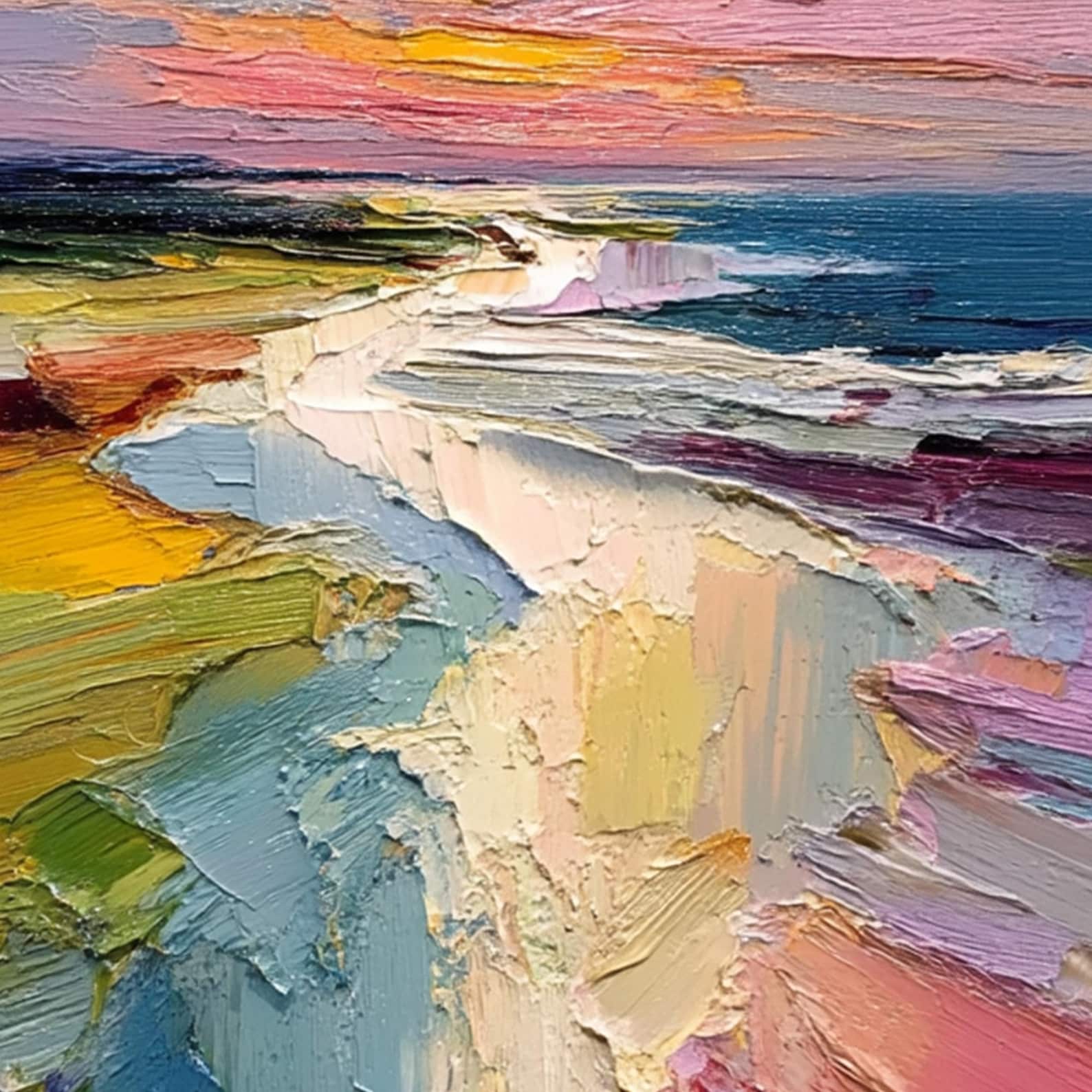 "Pastel Sunset Coastal Path" - Modern Heavy Impasto Impressionist Seascape | 3D Blush Pink & Mint Teal Palette Knife Painting | Luxury Vertical Wall Art #PT 586