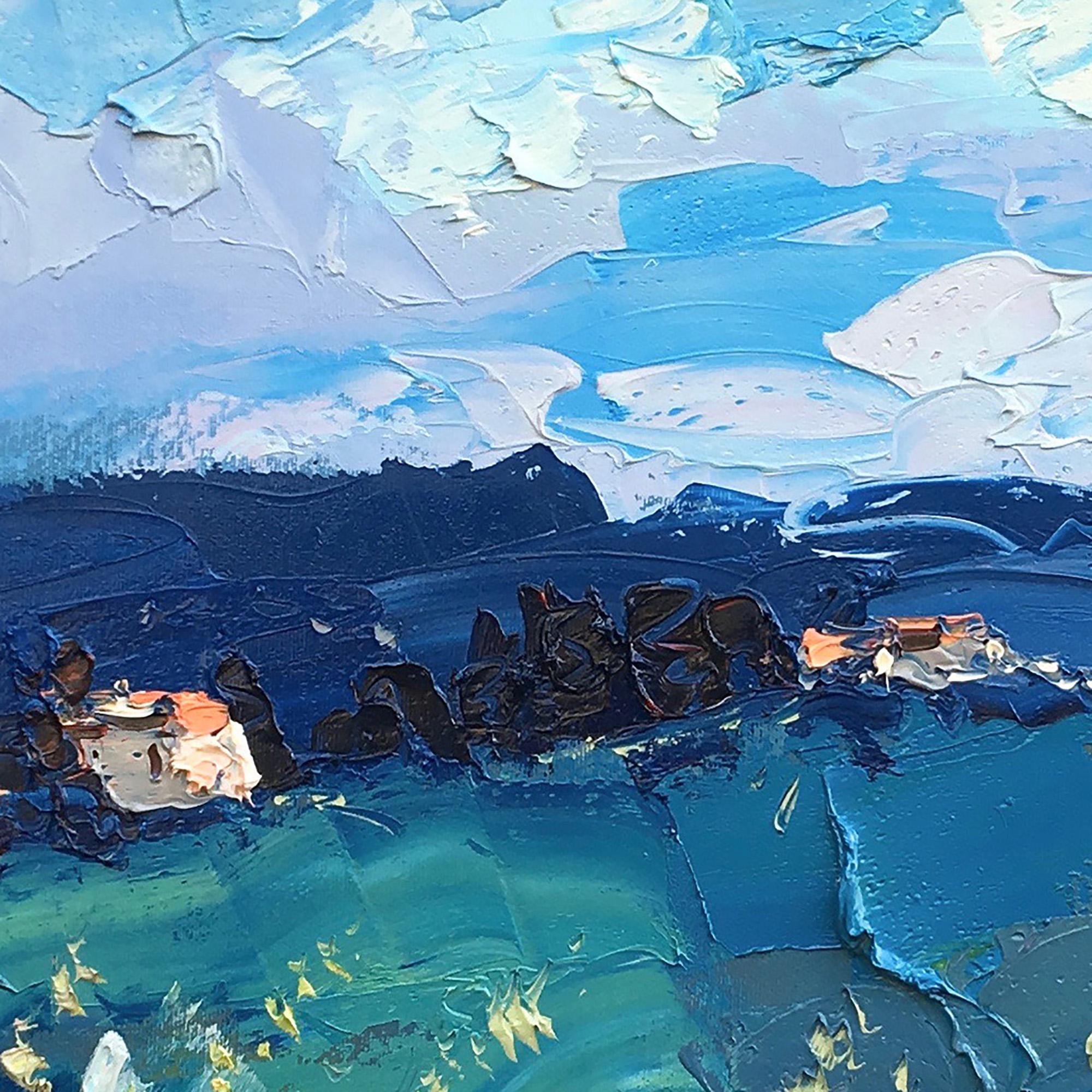 "Mediterranean Floral Vista" – Modern Heavy Impasto Impressionist Landscape | 3D Vivid Azure & Crimson Palette Knife Painting | Luxury Square Wall Art #PT 567