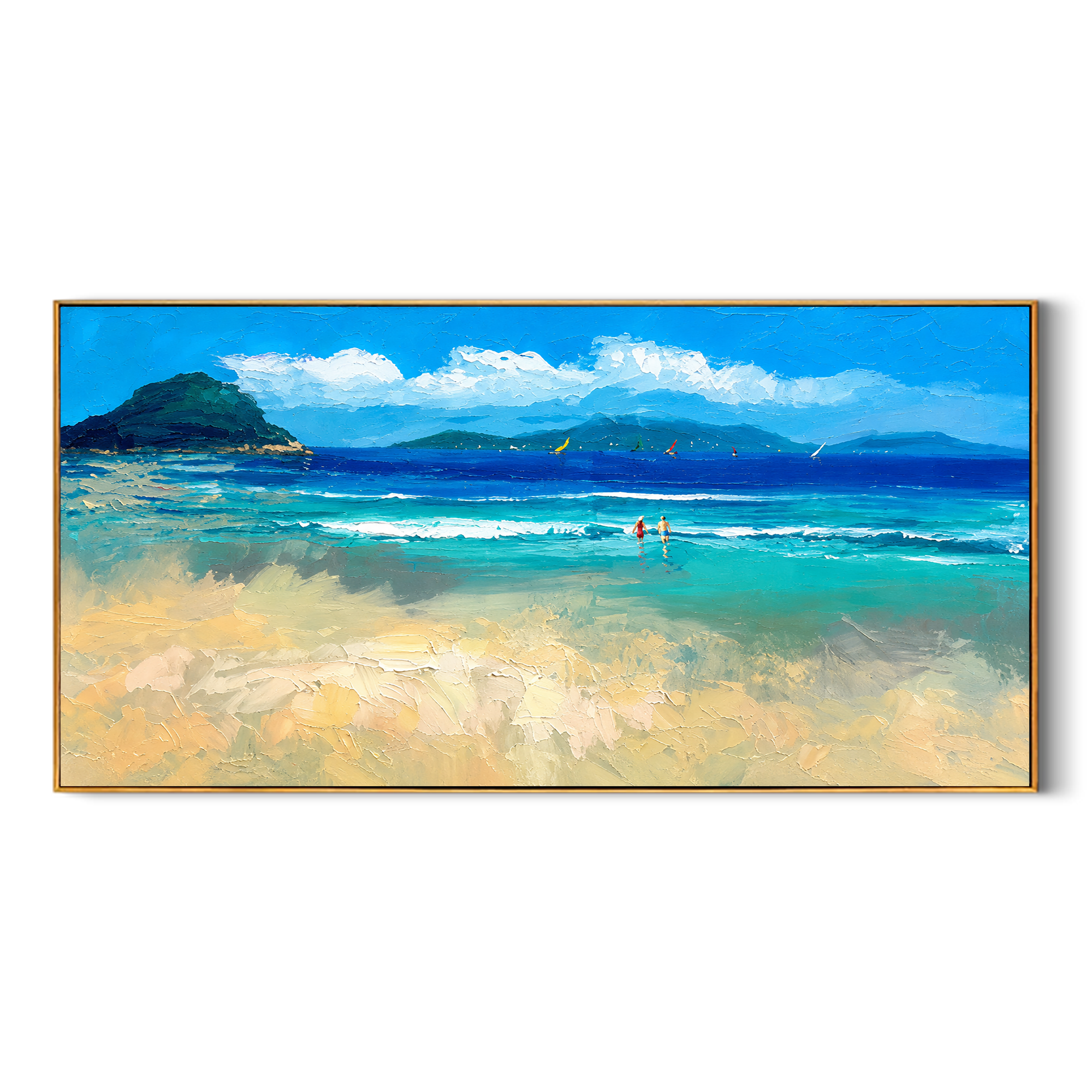 "Sunny Tropical Bay Shoreline" - Modern Heavy Impasto Impressionist Seascape | 3D Turquoise Lagoon & Warm Sand Palette Knife Painting | Luxury Horizontal Wall Art #PT 579