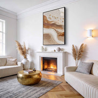 "Pebble River Relief" - Modern Wabi-Sabi Textured Abstract Art | Beige Gold & Brown 3D Relief Canvas Painting | Luxury Vertical Wall Art #WS 041