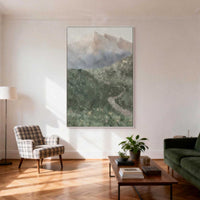 "Verdant Valley Light" is a 100% hand-painted landscape painting created with professional oil and acrylic paints on high-quality canvas. Its green & grey palette and visible textured strokes give every piece authentic handmade variation and tactile depth.