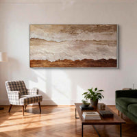 "Layered Umber Horizon" - Modern Wabi-Sabi Abstract Landscape Art | Beige Brown Textured Panoramic Canvas Painting | Luxury Horizontal Wall Art #WS 063