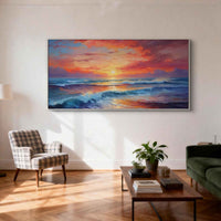 "Azure Tidal Glow" is a 100% hand-painted seascape created with professional oil and acrylic paints on high-quality canvas. Its blue & orange palette and visible textured strokes give every piece authentic handmade variation and tactile depth.