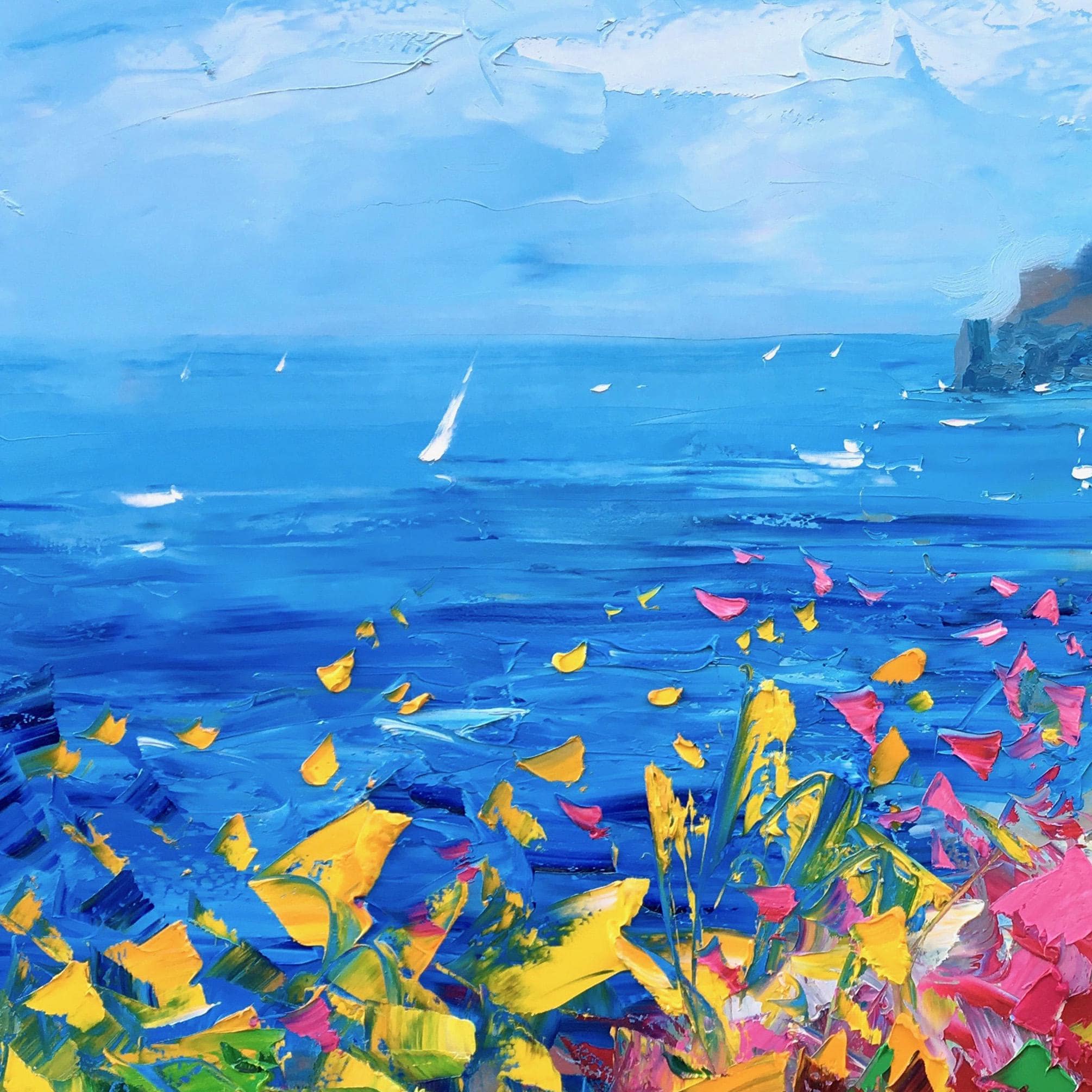 "Coastal Bloom Vista" - Colorful Mediterranean Seascape | Heavy Impasto Blue Ocean & Floral Palette Knife Painting | Luxury Horizontal Wall Art #PT 590