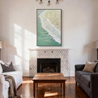 "Beach & Ocean Art" is a 100% hand-painted seascape created with professional oil and acrylic paints on high-quality canvas. Its green & white palette and visible textured strokes give every piece authentic handmade variation and tactile depth.
