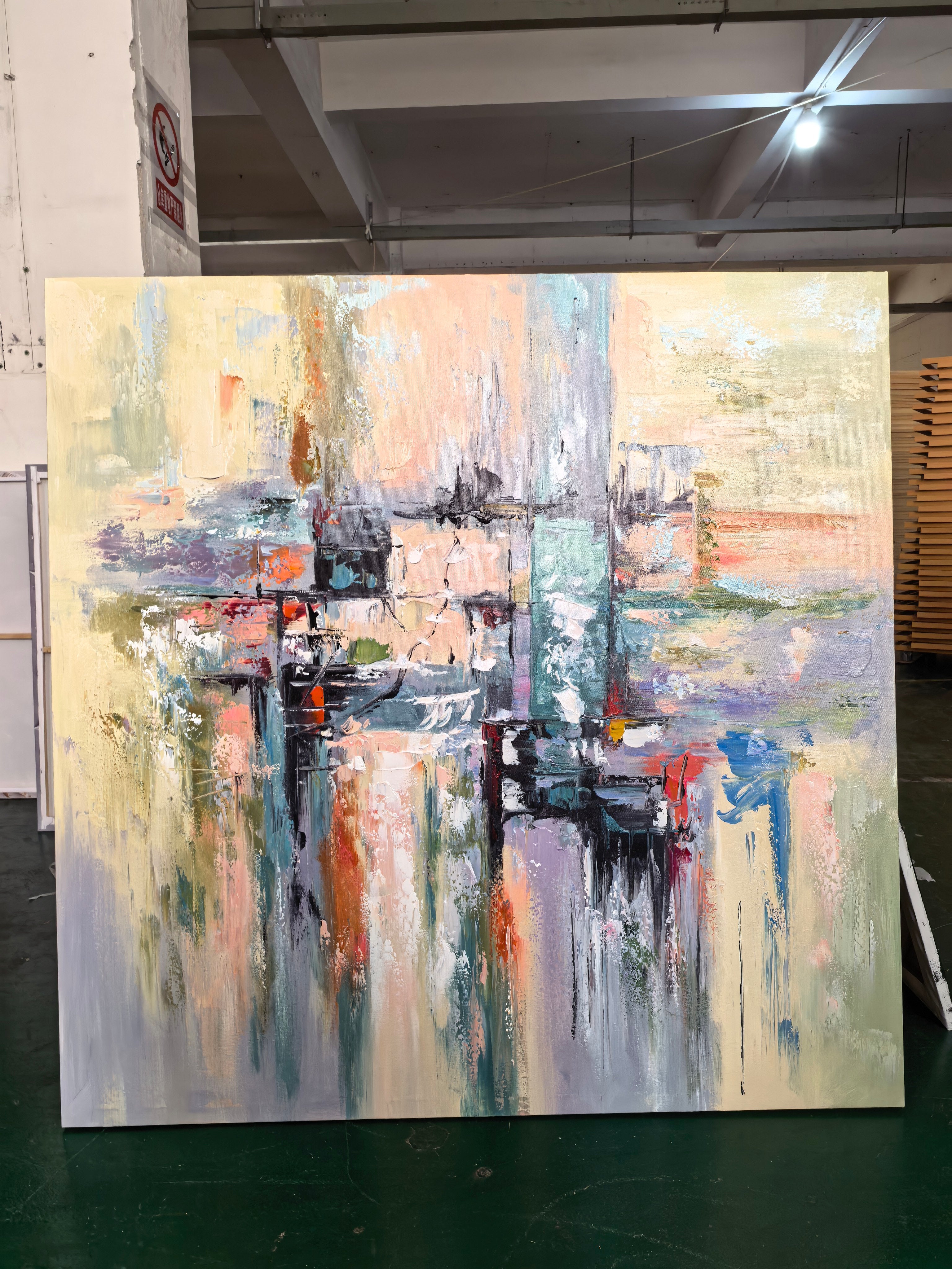 "Urban Reflection" – Modern Impressionist Waterfront Abstract | Serene Sage Green & Pastel Textured Gallery Art#AB1011