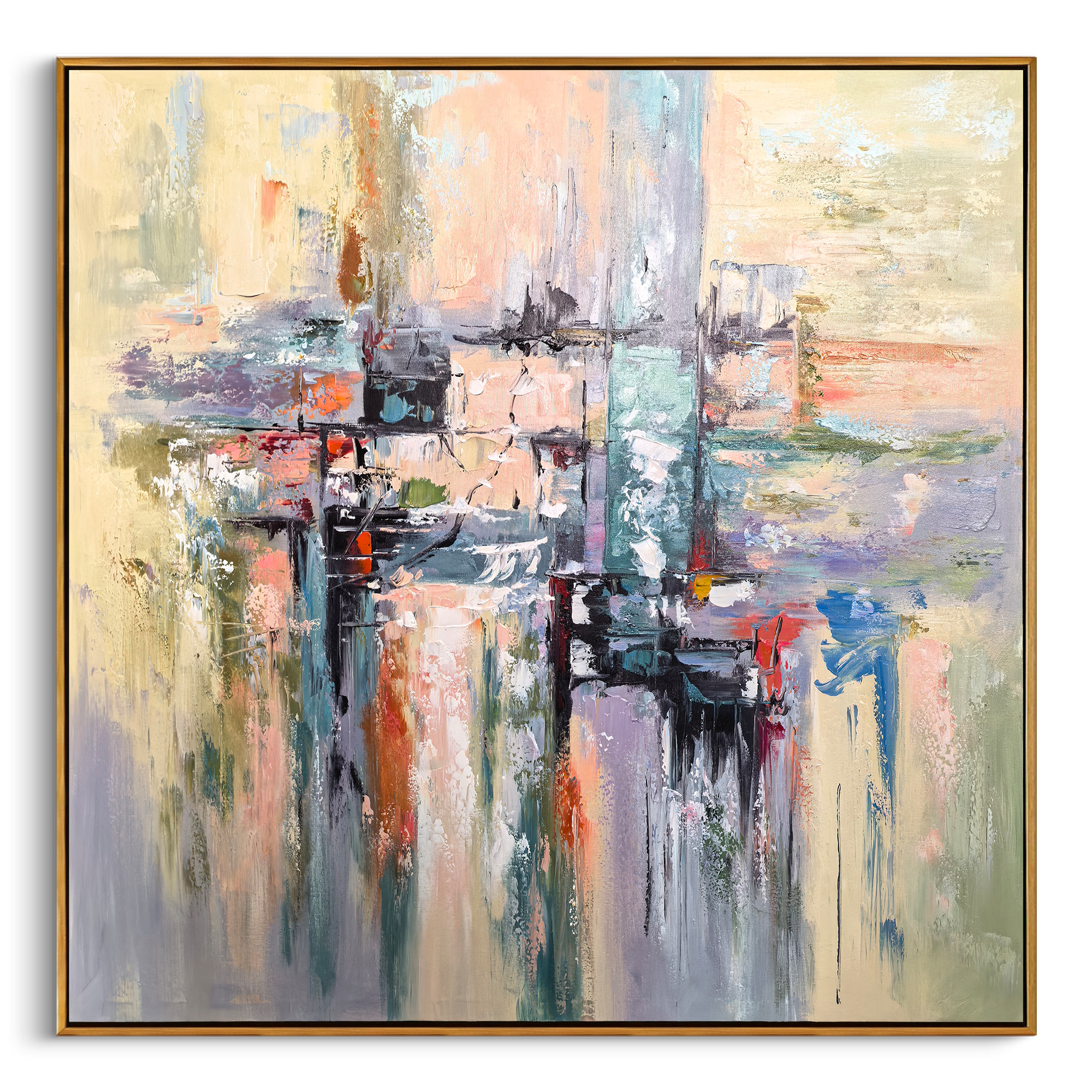 "Urban Reflection" – Modern Impressionist Waterfront Abstract | Serene Sage Green & Pastel Textured Gallery Art#AB1011