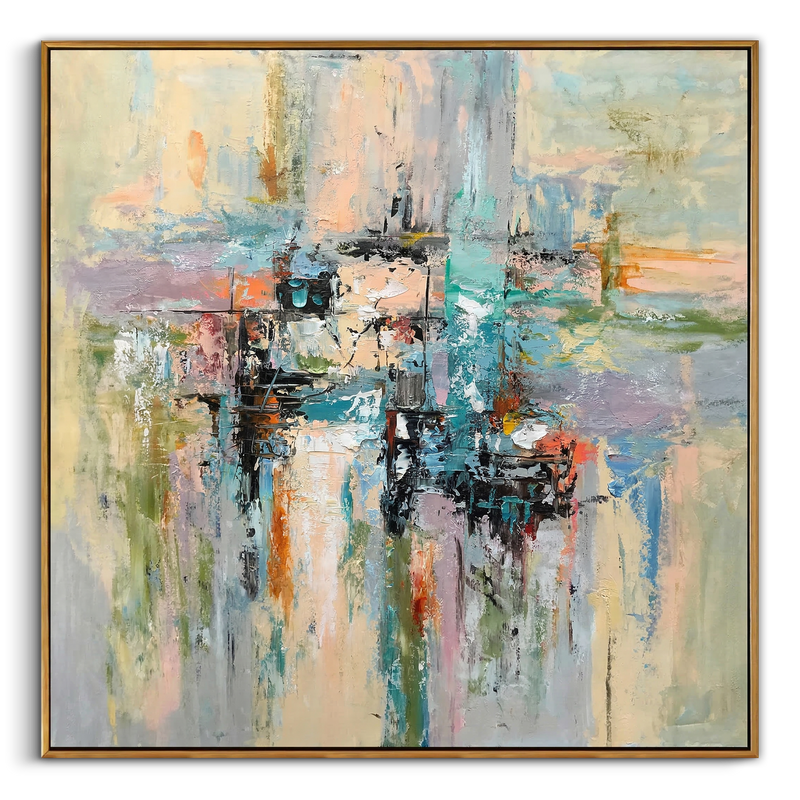 "Urban Reflection" – Modern Impressionist Waterfront Abstract | Serene Sage Green & Pastel Textured Gallery Art#AB1011