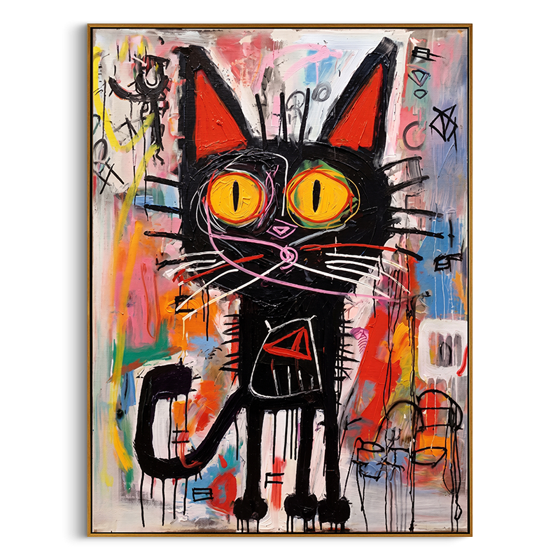 "Neon Street Cat" – Textured Abstract Graffiti Canvas | Vibrant Multicolor & Black Cat Expressionist Artwork | Urban Contemporary Wall Decor #AN 149