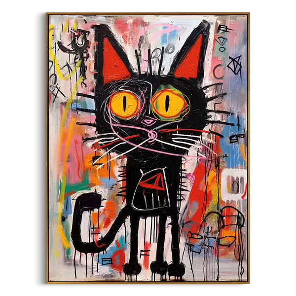 "Neon Street Cat" – Textured Abstract Graffiti Canvas | Vibrant Multicolor & Black Cat Expressionist Artwork | Urban Contemporary Wall Decor #AN 149