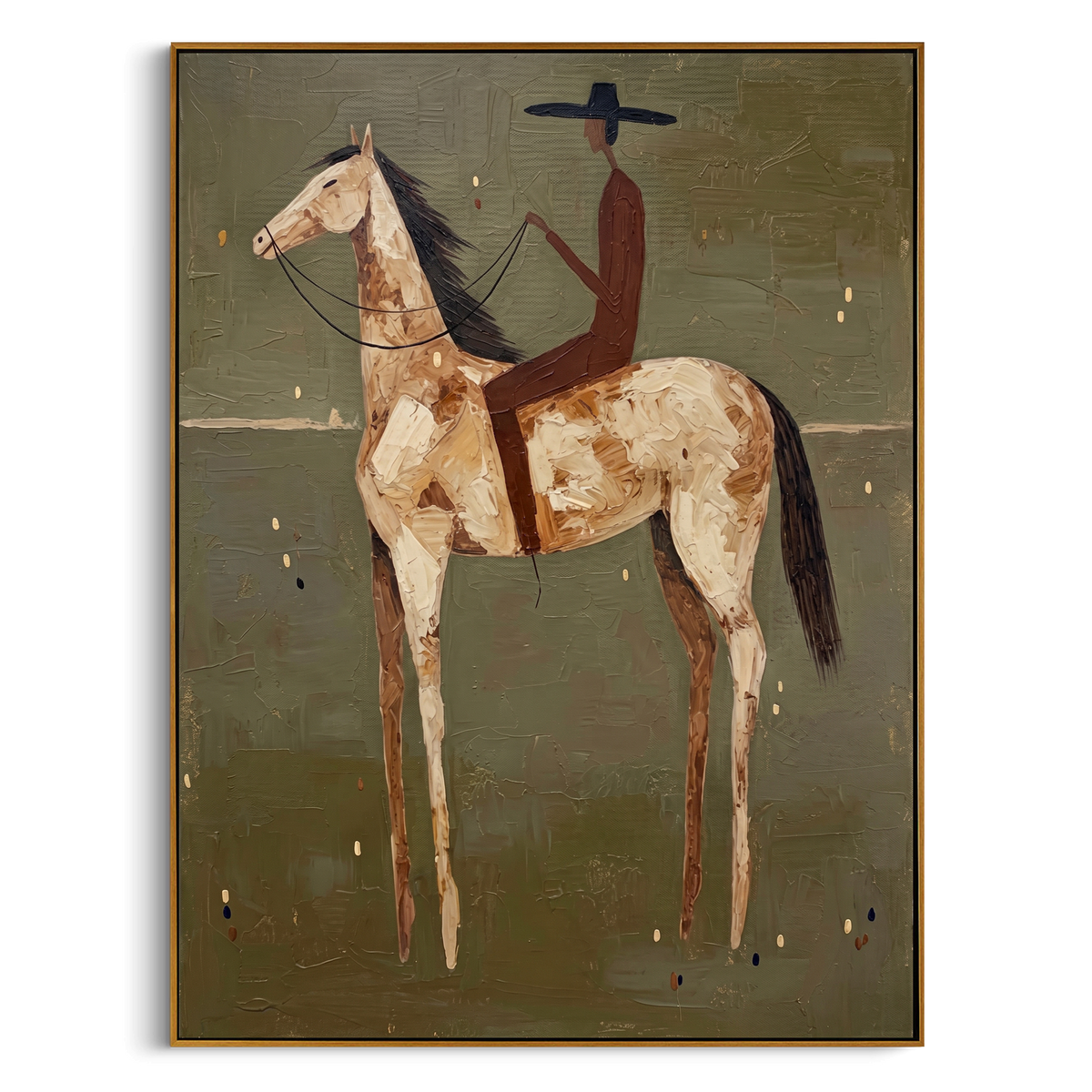 "The Rider & The Palomino" – Modern Heavy Impasto Western Art | 3D Olive & Caramel Palette Knife Painting | Luxury Vertical Wall Art #AB 496